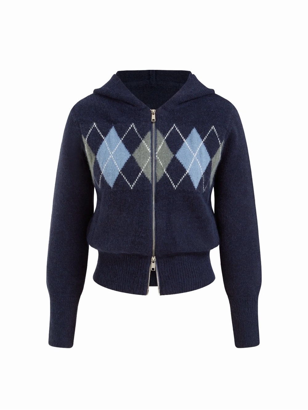 Cider Navy Argyle Zip Front Hooded Sweater